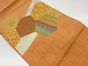 リサイクル　手織り紬切り嵌め華文に花唐草模様織出し名古屋帯